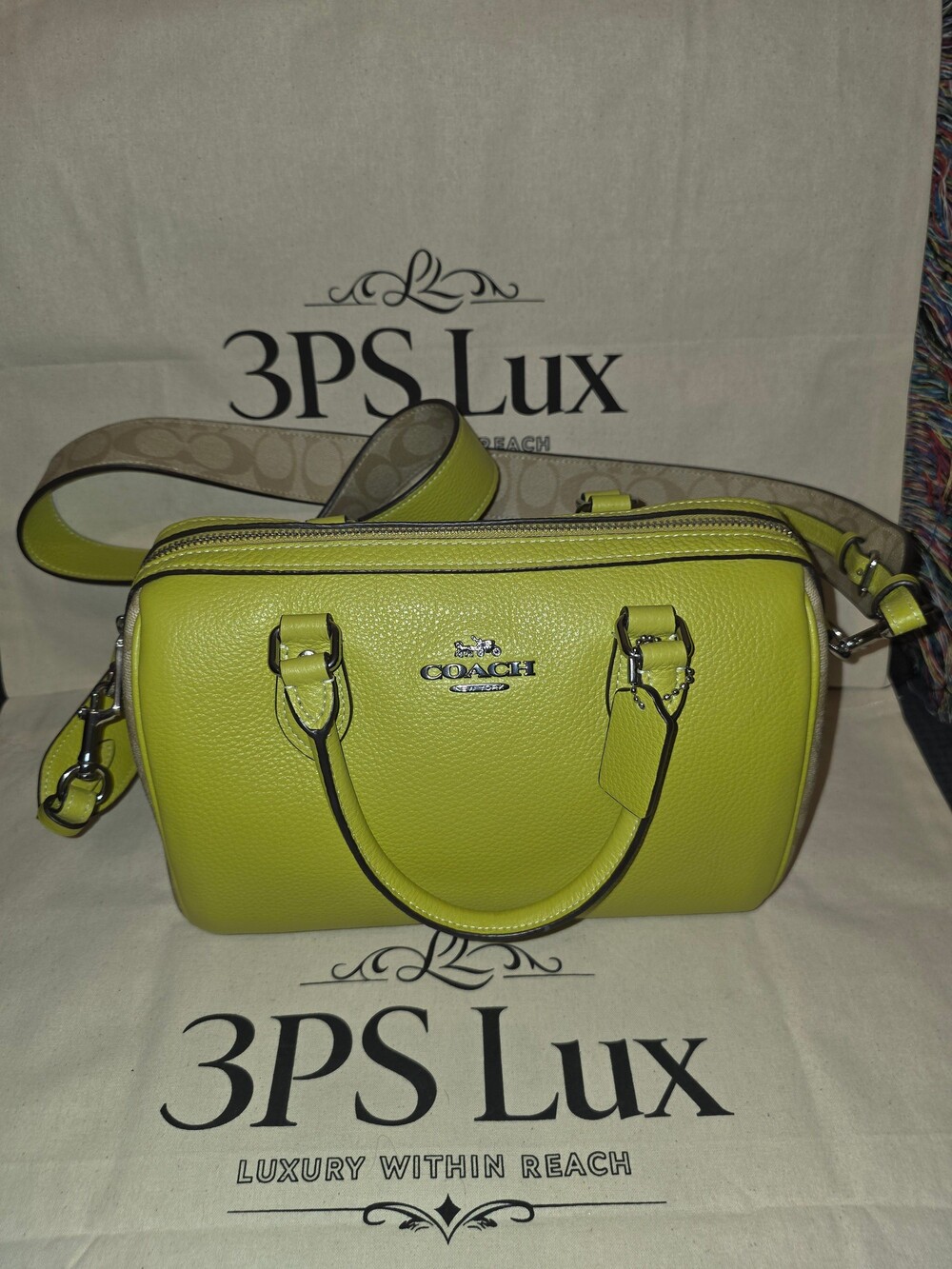 Coach Rowan Satchel Pale Lime Leather w/ Signature Strap discontinued / harder-t